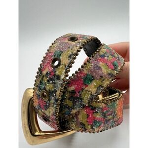 Vtg 90s Leather Statement Belt Maximalist Colorful Beaded Glitter Western Boho